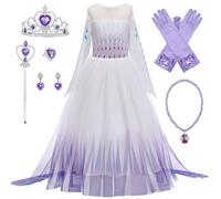 New front Déguisement Princesse Elsa Fille Robe de Princesse Reines des Neiges 2 Manches Longues Costume et Accessoires Noël Halloween Anniversaire Robe de Cosplay Couronne Baguette,Violet,110