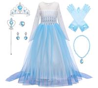 New front Déguisement Princesse Elsa Fille Robe de Princesse Reines des Neiges 2 Manches Longues Costume et Accessoires Noël Halloween Anniversaire Robe de Cosplay Couronne Baguette,Bleu,100
