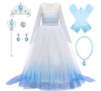 New front Déguisement Princesse Elsa Fille Robe de Princesse Reines des Neiges 2 Manches Longues Costume et Accessoires Noël Halloween Anniversaire Robe de Cosplay Couronne Baguette,Blanc,150