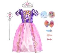 New front Enfant Robe de Princesse Costume de Raiponce pour Filles Couronne Baguette Magique Déguisement pour Halloween Cadeau Noël Fête d'anniversaire Carnaval Miroir Barrettes,Rose,120