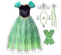 New front Enfants Reine des Neiges Déguisement de Princesse Elsa et Anna 3 à 7 Ans Cadeau de Noël Carnaval Halloween Robe de Soirée Velours Collier Couronne Haute Qualité Costume,130,Vert,6 ans