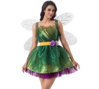 New front Femme Robe de Princesse Clochette Costume pour Carnaval Halloween Tinkerbell Déguisement pour Adulte Ado avec Ceinture et Ailes Soirée Noël Fête Longueur de la Cuisse Cadeau,Vert,XL