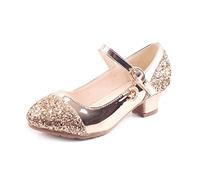New front Fille Chaussures pour Soirée Talon Haut Chaussures pour Déguisement Enfant Cendrillon Boucle Bout Fermé Paillettes Mary Jane Cadeau Anniversaire Cocktail Mariage Noël,Doré,32