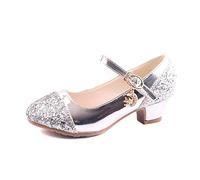 New front Fille Chaussures pour Soirée Talon Haut Chaussures pour Déguisement Enfant Cendrillon Boucle Bout Fermé Paillettes Mary Jane Cadeau Anniversaire Cocktail Mariage Noël,Argenté,39