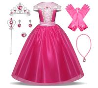 New front Fille Déguisement Princesse Aurore La Belle au Bois Dormant Robe de Princesse Cadeau Noël Halloween Carnaval Cosplay pour Enfant Baguette Magique Couronne Gants Collier,Rose,100