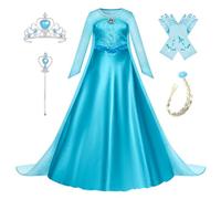 New front Fille Déguisement Reine des Neiges Robe de Princesse Elsa Manches Longues Noël Carnaval Costume Enfant Cadeau Anniversaire Diadème Baguette Magique Miroir Barrettes Clips,Bleu A,120