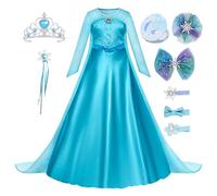 New front Fille Déguisement Reine des Neiges Robe de Princesse Elsa Manches Longues Noël Carnaval Costume Enfant Cadeau Anniversaire Diadème Baguette Magique Miroir Barrettes Clips,Bleu B,110