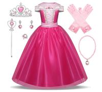 New front Fille La Belle au Bois Dormant Robe de Princesse Aurore Accessoires Baguette Couronne Bague Collier Déguisement Tulle Maxi Noël Carnaval Halloween Cosplay Robe de Soirée, Rose, 140