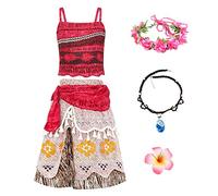 New front Fille Robe de Princesse Vaiana Déguisement pour Enfant Moana Costume pour Cosplay Cadeau Carnaval Noël Halloween Anniversaire avec Accessoires Collier Guirlande,Multicolore,140