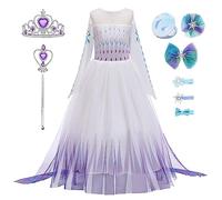 New front Fille Robe Princesse Elsa Déguisement Reine des Neiges Accessoires Baguette Magique Couronne Miroir Barrettes Clips Cosutme Enfant Cadeau Noël Anniversaire Carnaval,Bleu,150