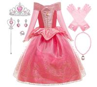 New front Robe Fille La Belle au Bois Dormant Robe de Costume Princesse Aurore Manches Longues Robe de Déguisement Cadeau d'anniversaire Noël Carnaval 3 à 8 Ans Enfant Cosplay, Rose,140