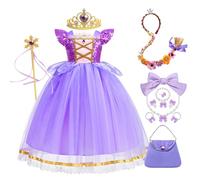 New front Robe pour Fille Princesse Raiponce Déguisement pour Enfant Sac Couronne Baguette Magique Costume avec Accessoires Noël Carnaval Halloween Fête Tutu Tulle,Violet,120