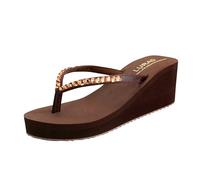 New front Tongs Noires Hautes Compensées pour Femmes élégantes Plage Talon Incliné en Caoutchouc Confort d'été Sable Plage Piscines Vacances Marron L