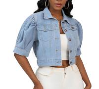 New front Veste en Jean Courte à Manches Bouffantes pour Femme Blouson en Denim Délavé Col Rabattu Look Chic Coupe Ajustée Outwear avec Poches Manche Courte Mi Saison S-3XL