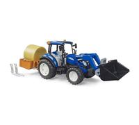 Bruder Tracteur miniature New Holland T5.120 avec chargeur frontal, fourches et balles rondes