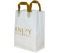 NEW LEADER Sacs en plastique avec poignées et fond en carton - Grand sac de transport pour restaurants et plats à emporter - Sac de transport en plastique robuste avec poignées pour le shopping (50
