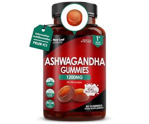 New Leaf Ashwagandha en Gummies 1 200 mg, Gummies d'Extrait de Racine d'Ashwagandha Pur, avec 5% de Withanolides, Jus de Fruit, sans Colorants ni Arômes Artificiels, Végans, sans Gluten, 60 Unités