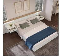 NEW-Lit double lit adulte 160x200 cm avec 2 tables de chevet LED et interface USB-C, bois, blanc et chên CHAMBRE A COUCHER COMPLETE