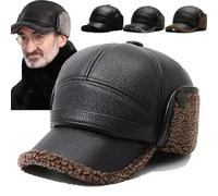 New Men's Winter Hat with Sheepskin Flat Top Earmuffs Ear-Flap Flat Cap Thick Lined Warm Faux Leather Baseball Cap W/Visor (Coffee)