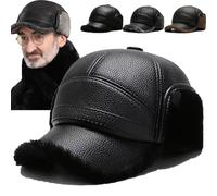 New Men's Winter Hat with Sheepskin Flat Top Earmuffs Ear-Flap Flat Cap Thick Lined Warm Faux Leather Baseball Cap W/Visor (Black)