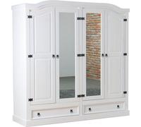 New Mexico Armoire 4 portes avec 2 portes miroir, 2 portes pleines et 2 tiroirs, largeur 194 cm, hauteur 193 cm, blanc/ciré.
