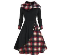 New Plaid Patchwork à Capuche col Haut Robe-Noir à Carreaux-S