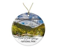 New River Gorge Décoration de parc national - Décoration de Noël de voyage en céramique - Souvenir de Virginie-Occidentale - Décoration à suspendre pour sapin de Noël imprimée des deux côtés