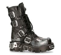 New Rock 591-S2 Bottes Flamme Argent Métal Cuir Noir Lourd Punk Gothique