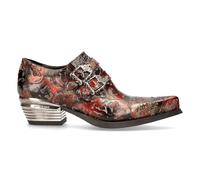 New Rock 7960-S5 Chaussures Ciselé Vintage Noir, Cuir Rouge Boucle Acier Talon