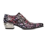 New Rock 7960-S6 Chaussure en Relief Vintage Noir Cuir Rouge Boucle Acier Talon