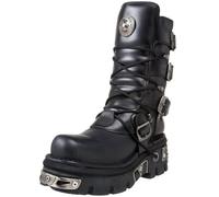 New Rock Botte unisexe M.373-S4 Metallic Collection - style punk, gothique et biker - cuir vachette noir, semelle Reactor, plateforme 5 cm et talon 7 cm, laçage avant, fabrication artisanale 44