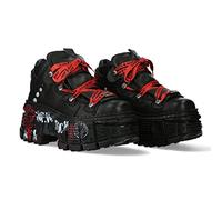 New Rock Bottes Unisexe Semelle Tank avec Lacets Rouges et Détails Graphiques Couleur Noir Cuir/Unisexe Black Boots Leather Shoelaces M.WALL106-C9, Noir , 41 EU