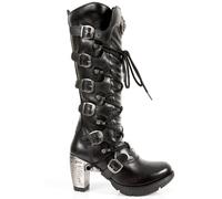 New Rock TR004-S1 Femmes Noir 100% Boucle Cuir Dentelle Genou Haut Bottes Motard