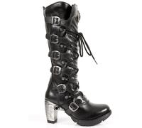 New Rock TR004-S1 Femmes Noir Bottes Cuir Boucle Dentelle Hauteur Genou Motard