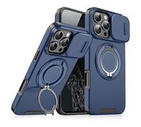 New Slide Camera Protection Magnetic Stand Phone Case, Anti-Fall Phone Case with Slide Camera Cover & Rotating Ring Bracket, for iPhone 17/16/15/14/13/12/11 Pro Max Plus (Blue,for iPhone 15 Plus)