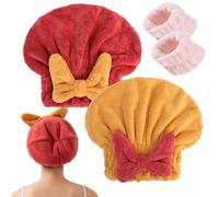New Super Absorbent Hair Towel Wrap for Wet Hair, Microfiber Hair Towel Wrap for Women Long Hair, Hair Drying Towel, Plopping Towel Curly Hair with Face Wash Wristbands (Red+Yellow)