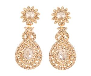 NEW! Touchstone Indian Bollywood Beautifully Hand Finished Victorian Studded Look White Rhinestone Designer Jewelry Chandelier Earrings In Gold Tone For Women.