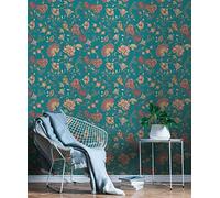 New Walls Papier peint intissé floral fleurs vigne branches turquoise, rouge, orange - 10.05x0.53m