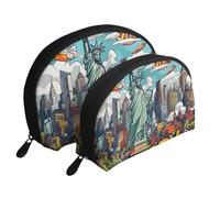 New York American Theme Art Printed Makeup Bags 2-Piece Portable Shell Travel Toiletry Bag Cosmetic Organizer Bag for Women, blanc, Taille unique, Trousse de maquillage