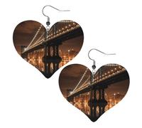 New York Manhattan Bridge Night Boucles d'oreilles en cuir pour femme Boucles d'oreilles pendantes légères en forme de cœur