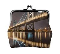 New York Manhattan Bridge Night Print Double fermoir Cadre en métal Cuir Pochette à monnaie Portefeuille pour femme avec clés, petit sac à main, Noir , Taille unique