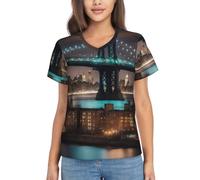 New York Manhattan Bridge Night Print T-shirt d'été classique à col en V pour femmes, pour le printemps, l'été et l'automne, noir, Taille XL
