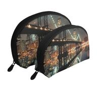 New York Manhattan Bridge Night Prints Lot de 2 trousses de maquillage portables pour femme et fille, blanc, Taille unique, Trousse de maquillage