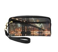 New York Manhattan Bridge Night Trousse de maquillage en cuir imprimé avec dragonne pour femme, Noir , Taille unique, Trousse de maquillage