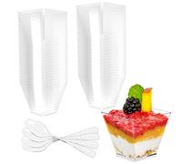 Newaner 50 pièces 2oz/60 ml tasses coupes gobelets à dessert avec cuillères plastique,verrines réutilisables transparents Carrés pour pudding, mousse, crème glacée, anniversaire, mariages