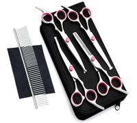 Newaner Kit Toilettage Chien en Acier Inoxydable avec Embouts de Sécurité Ronds, y Compris Ciseaux à Effiler, Ciseaux Courbes et Droits, Peigne de Toilettage, Violet
