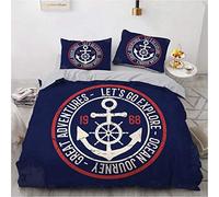 NEWAT Parure de lit sur le thème nautique de l'océan de mer, bateau, ancre, roue, boussole, lampe phare, bouteille de corde, bleu, bleu marine, blanc (F, 200 x 200 cm)