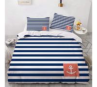 NEWAT Parure de lit sur le thème nautique de l'océan de mer, bateau, ancre, roue, boussole, lampe, phare, bouteille de corde, bleu, bleu marine, blanc (C, 140 x 210 cm)