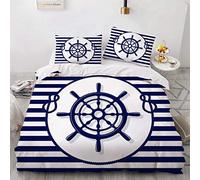 NEWAT Parure de lit sur le thème nautique de l'océan de mer, bateau, ancre, roue, boussole, lampe phare, bouteille de corde, bleu, bleu marine, blanc (D, 140 x 210 cm)