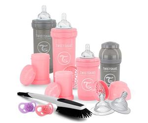 Newborn Anti-Colic Baby Bottle Set with Milk Powder Container and Mixer - 9 Pieces | 4 x Milk Bottles - 2 x Pacifiers - 2 x Teats - 1 x Bottle Brush | BPA-Free | 0m+ | Pink Grey